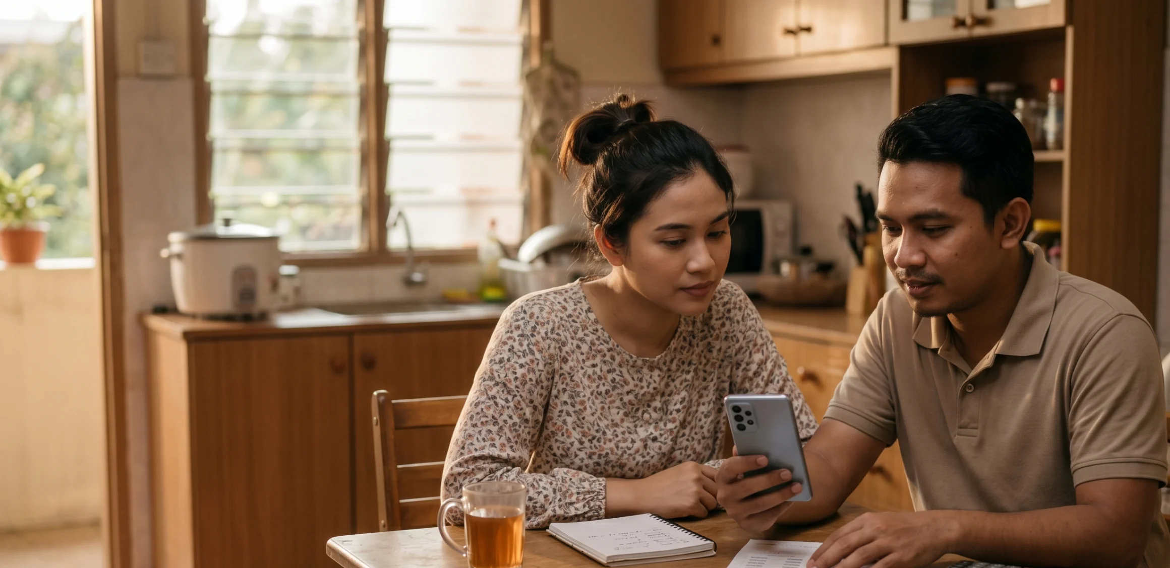 A Malaysian couple reviewing financing offers together with full cost breakdown