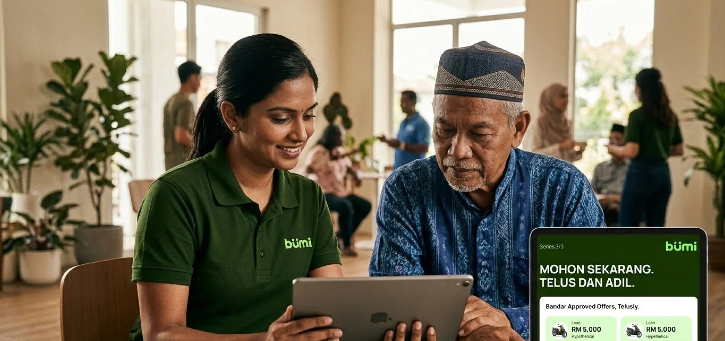 Bümi staff member showing financing options on a tablet to a customer at a dealer's shop