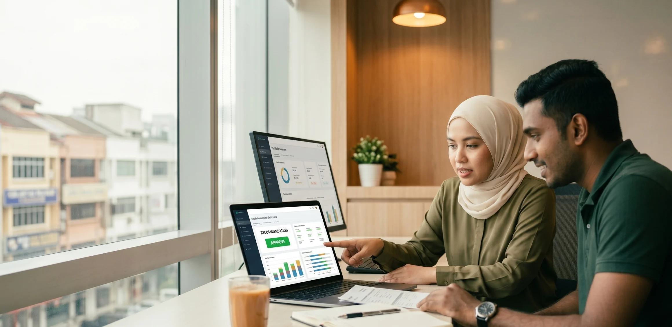 Two lending team members reviewing applications on a Bümi Lender console