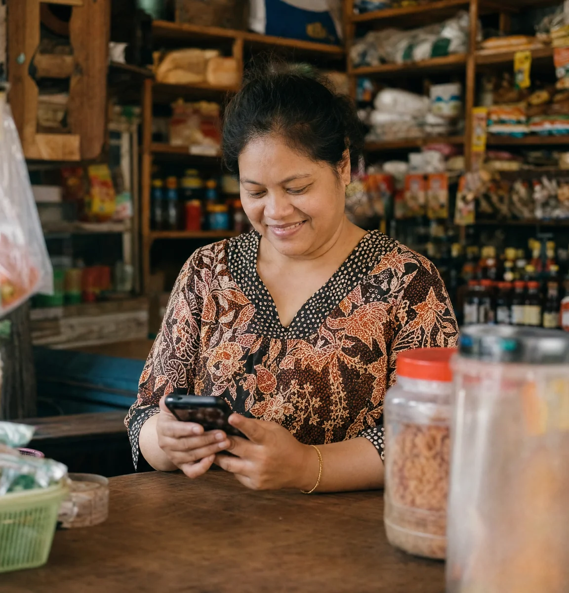 A Malaysian neighbourhood-shop owner reviewing a financing offer on her phone at her counter