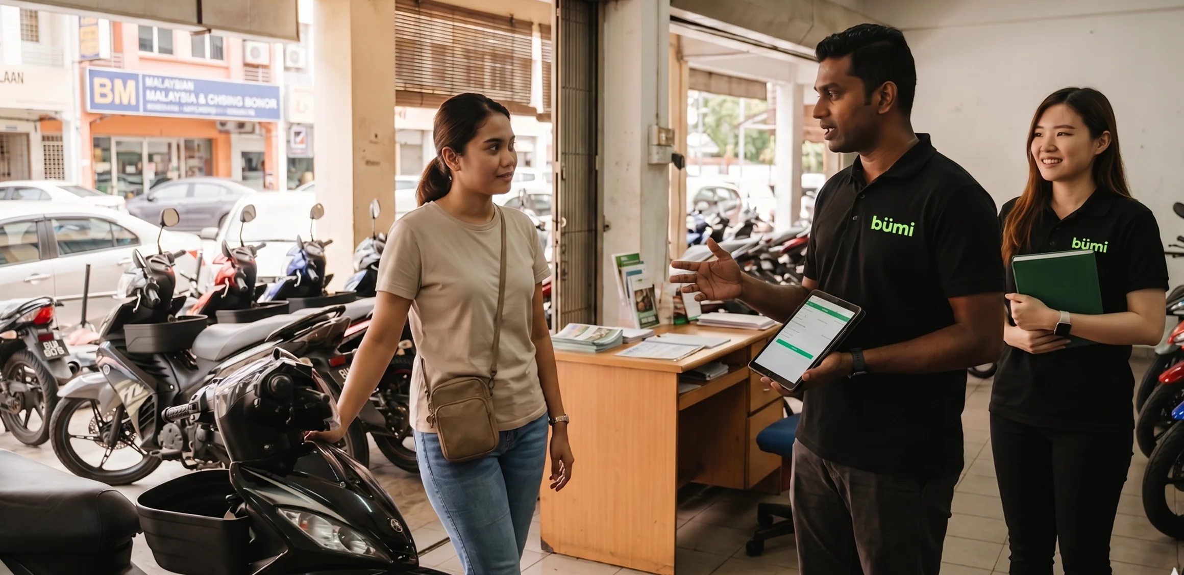 Bümi staff helping customers at a Malaysian dealership