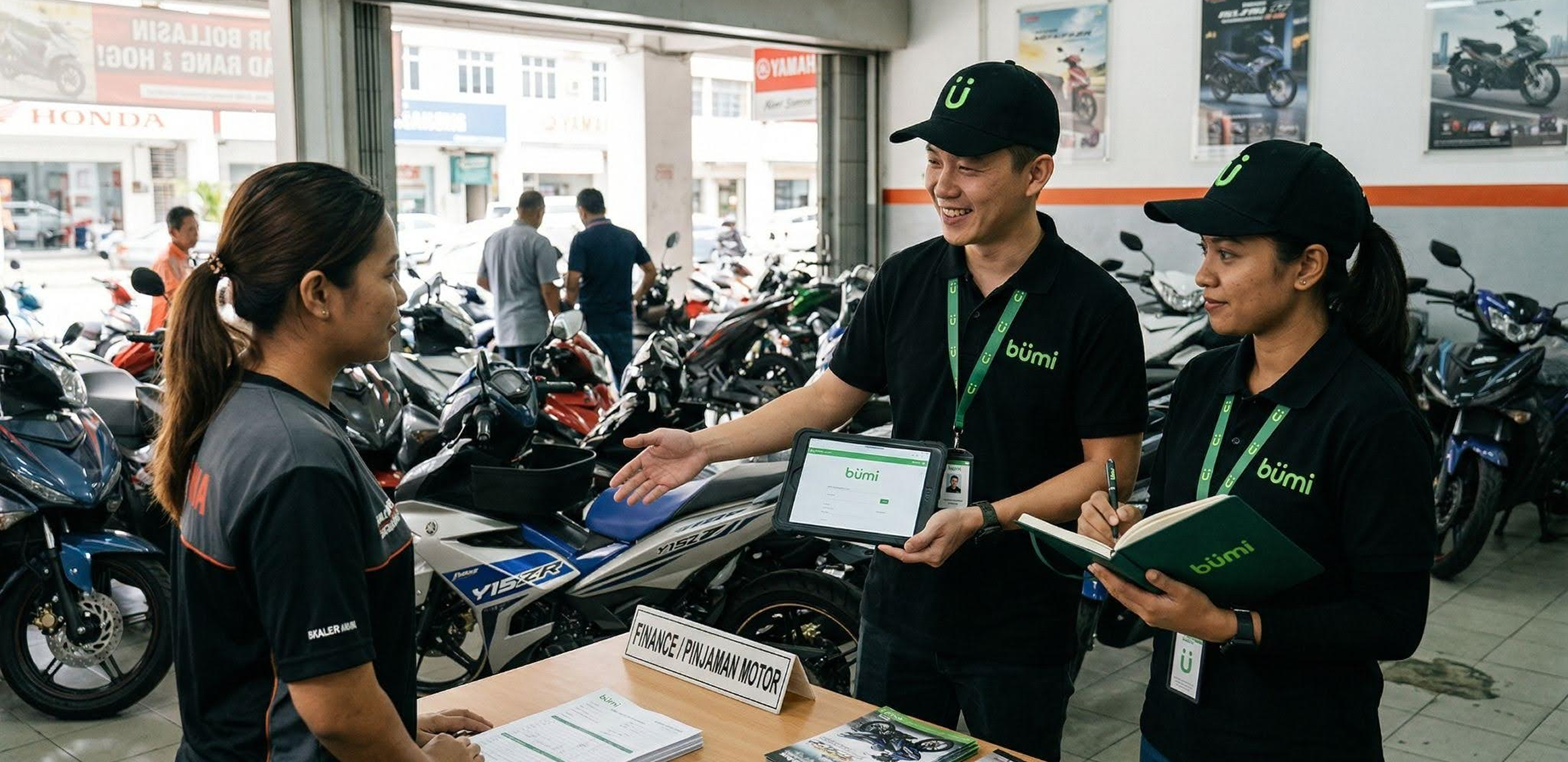 Bümi staff helping a customer at a Malaysian motorcycle dealership