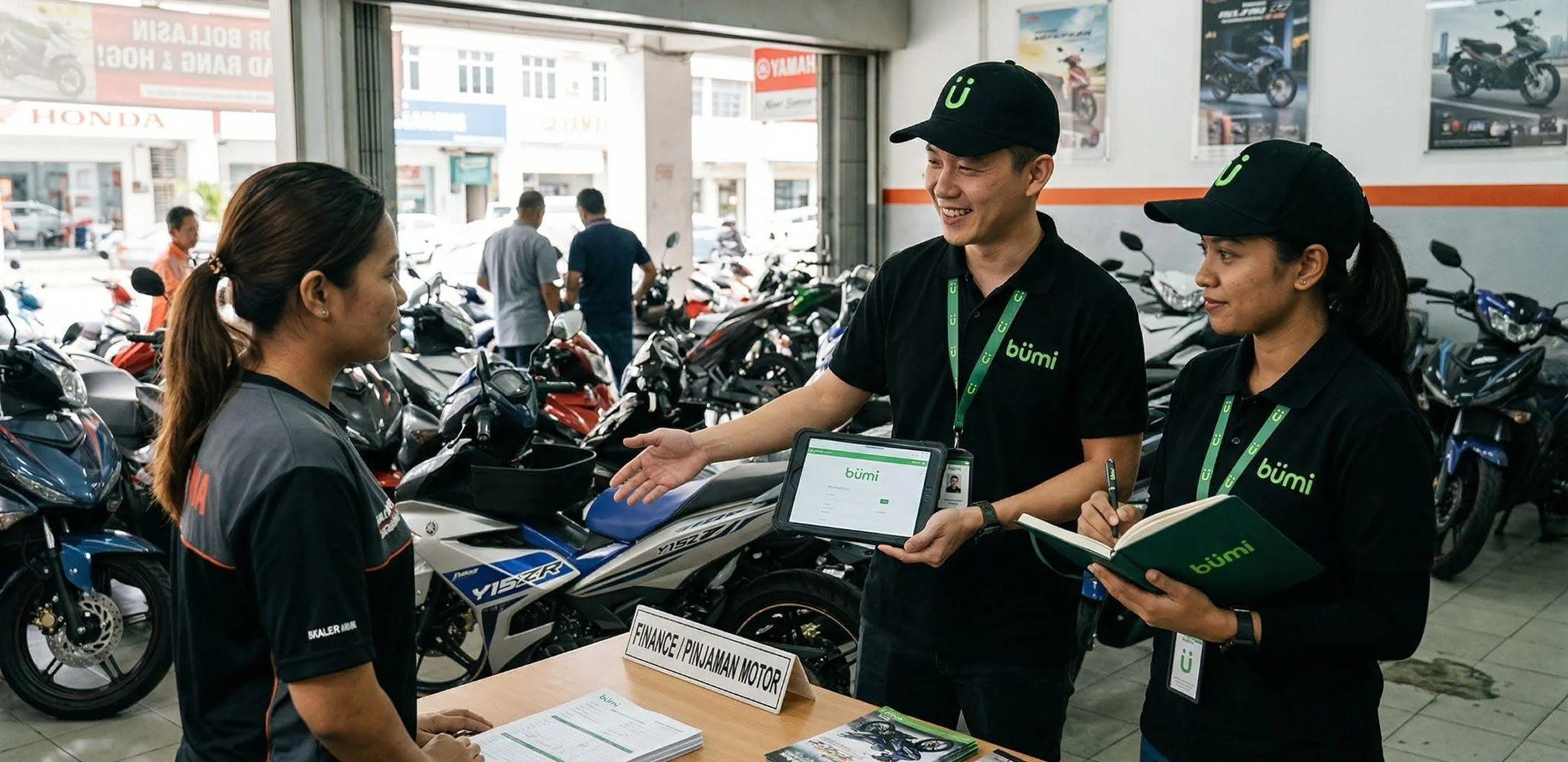 Bümi staff helping a customer at a Malaysian motorcycle dealership