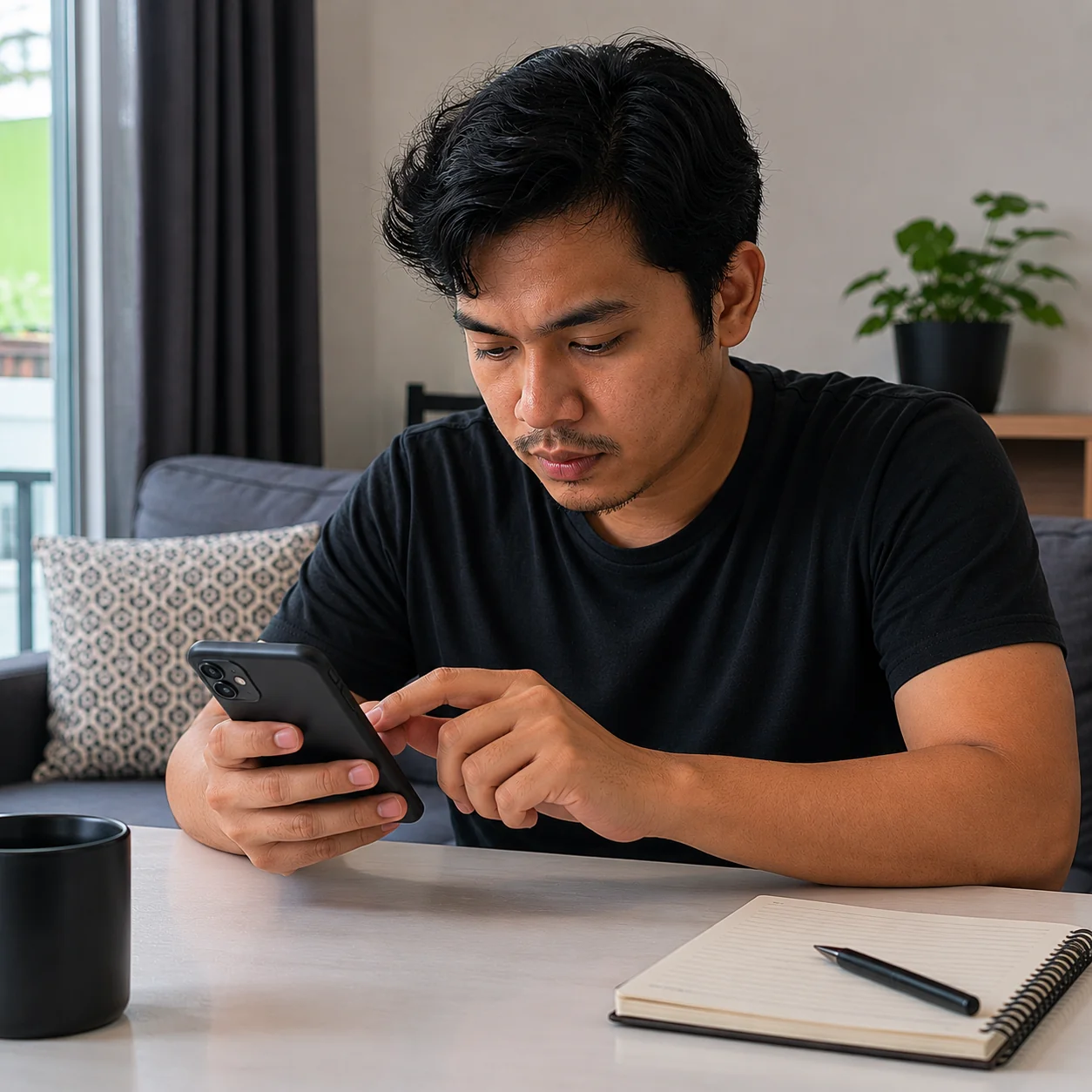 A young Malaysian man at his home desk completing a loan application on his phone.