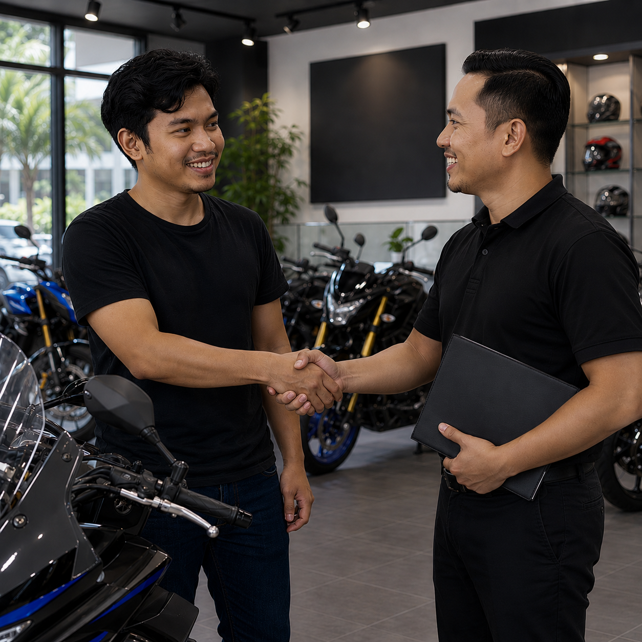 A borrower and a dealer shaking hands in a motorcycle showroom after agreeing on financing terms.