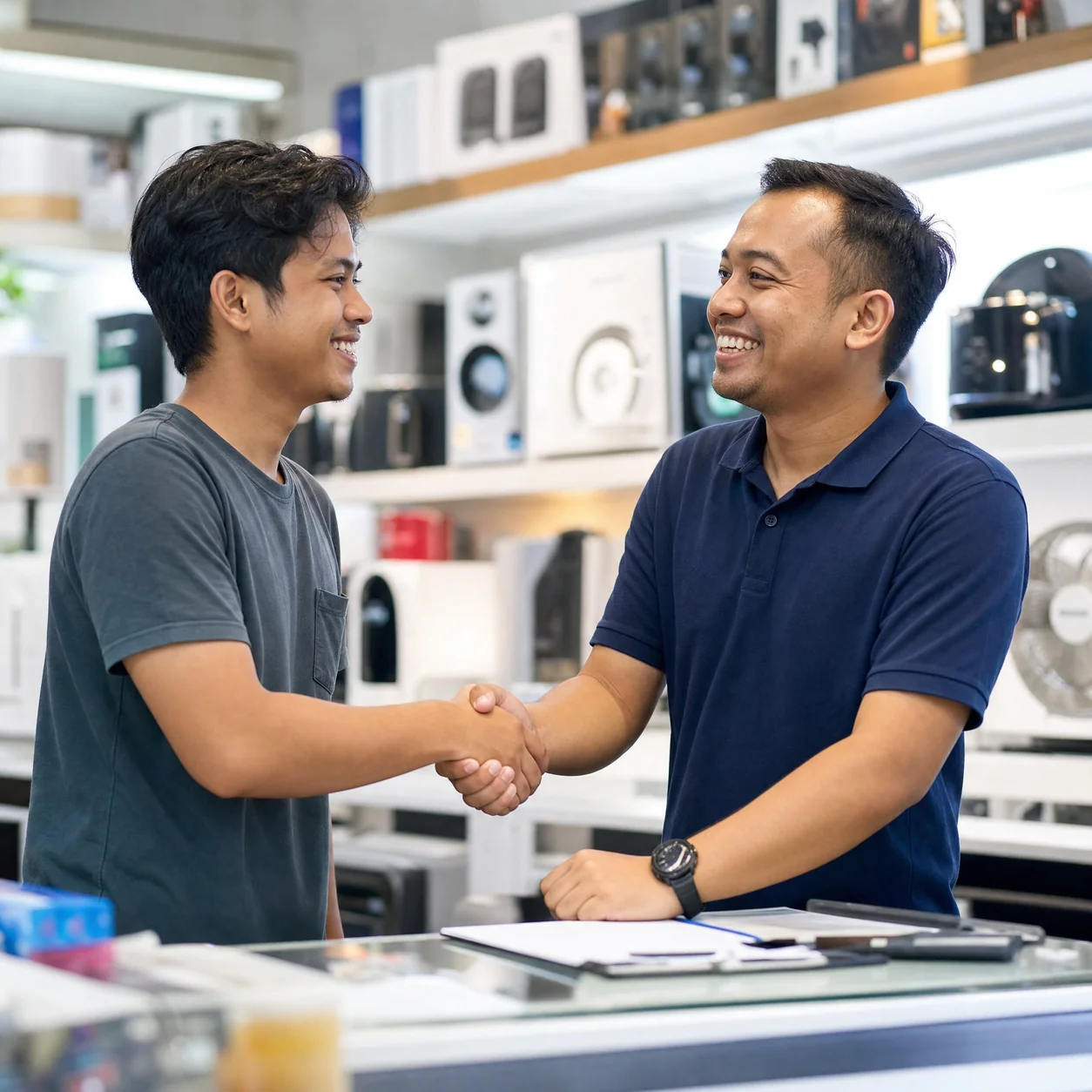 A borrower and a dealer shaking hands after agreeing on financing terms.