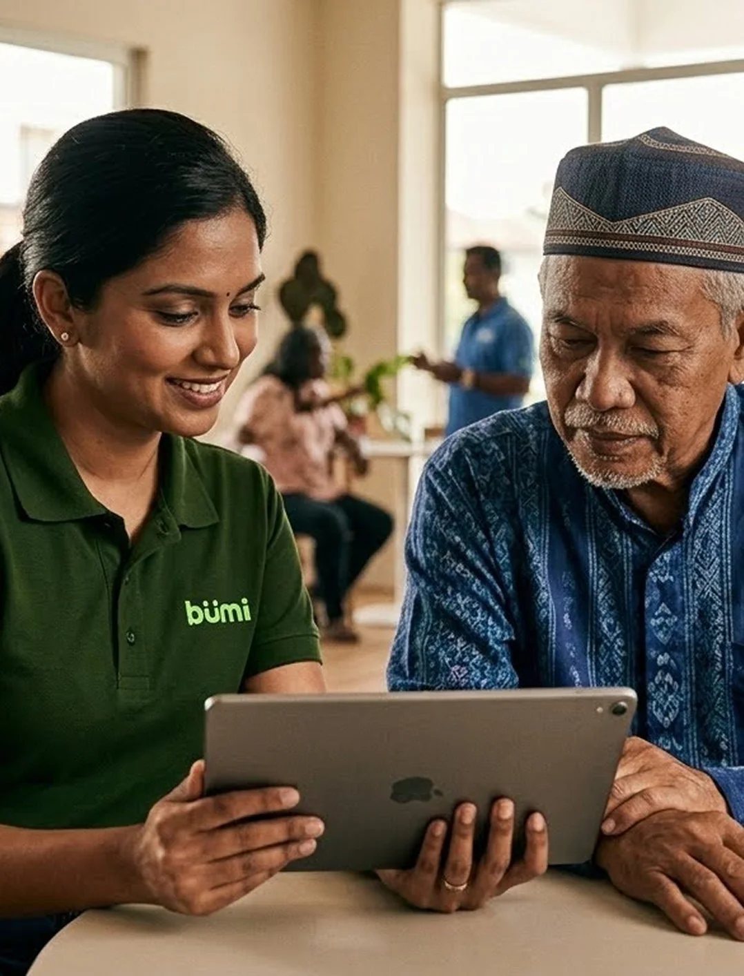 A Malaysian customer reviewing financing options with a Bümi team member on a tablet.