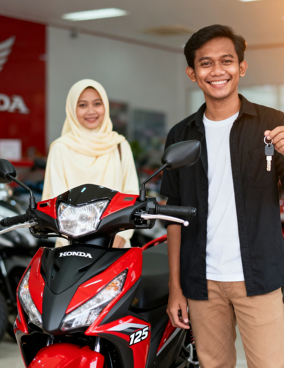 Aminah and Hafiz at a Honda dealership in Penang, holding the keys to their new motorcycle.