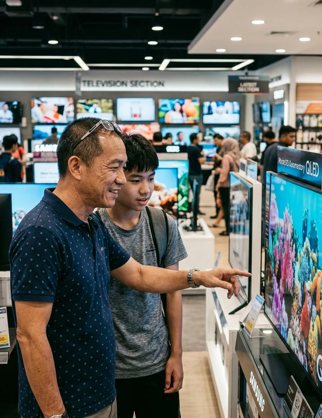 Mr Lim and his son shopping for a television in Kuala Lumpur.