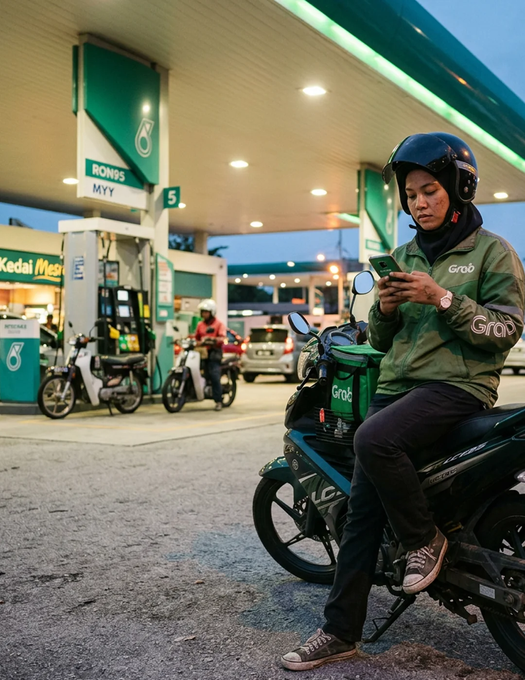 Nurul on her motorcycle at a Petronas station in Johor, checking her phone after a delivery.