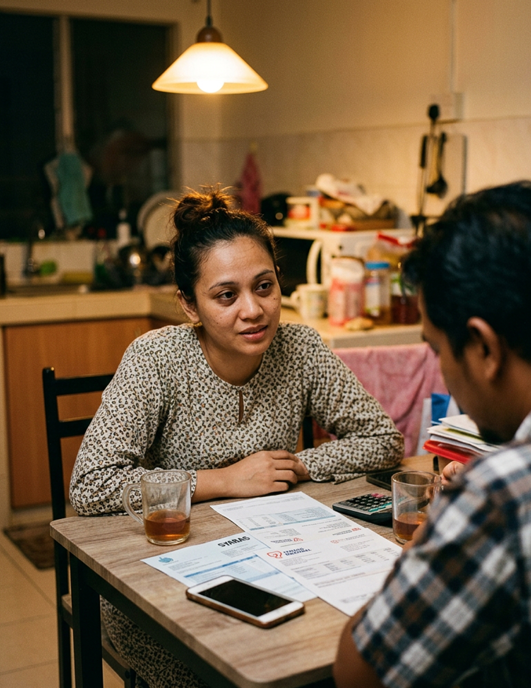 Priya at her kitchen table in Selangor, reviewing financing paperwork.