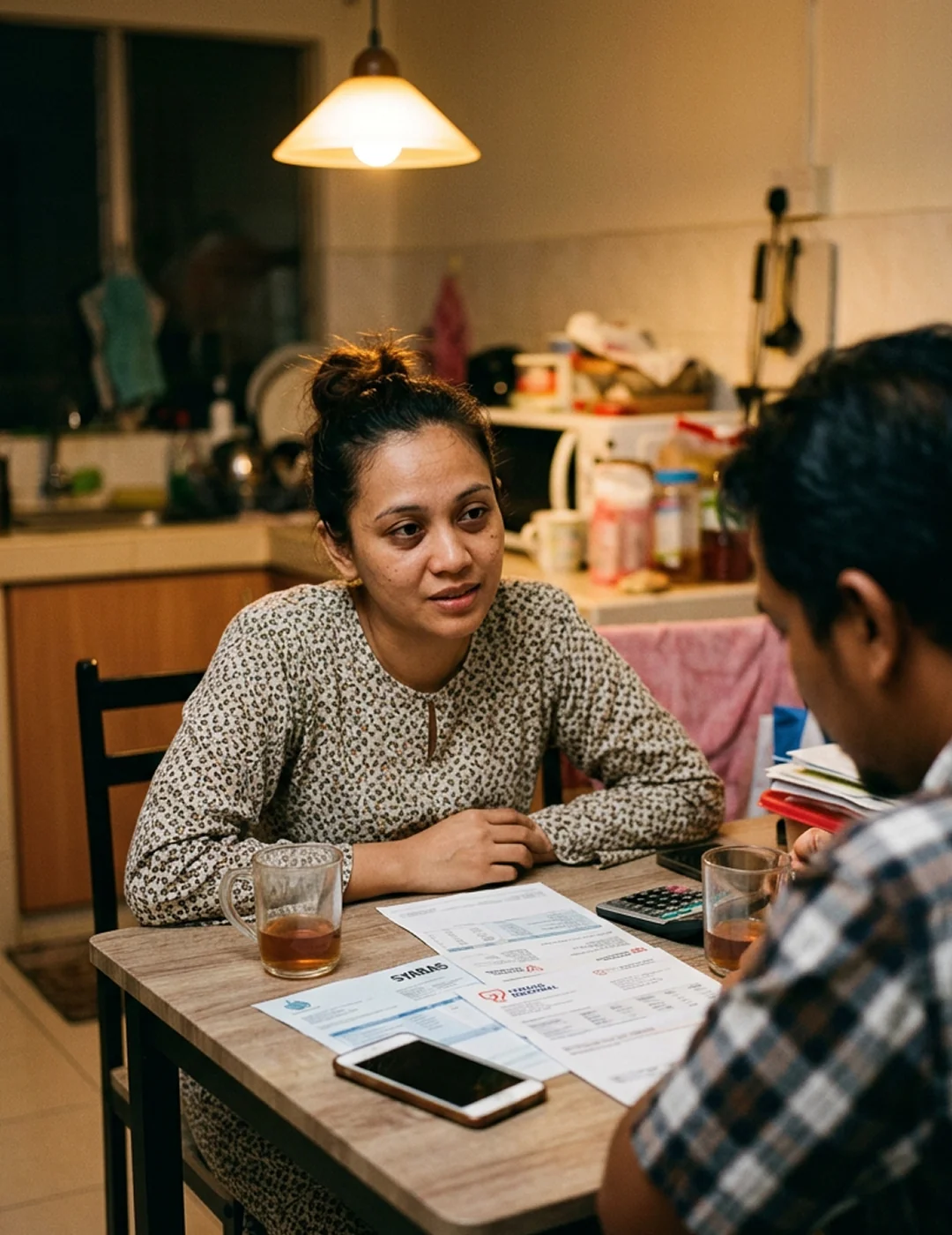 Priya at her kitchen table in Selangor, reviewing financing paperwork.